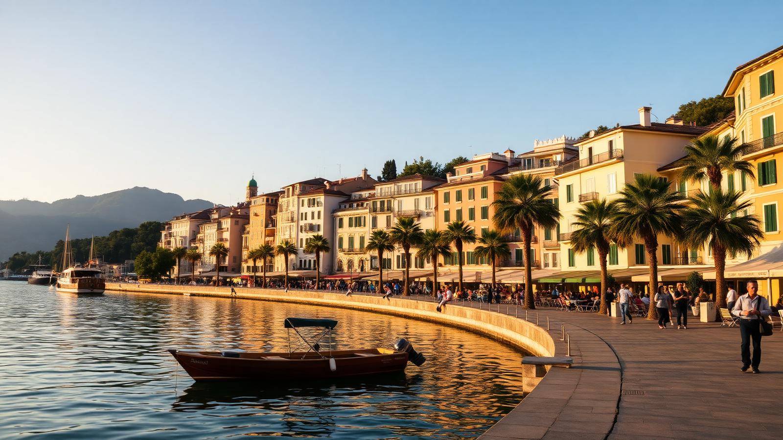 Lungolago di Ascona al tramonto con case colorate e barche in legno