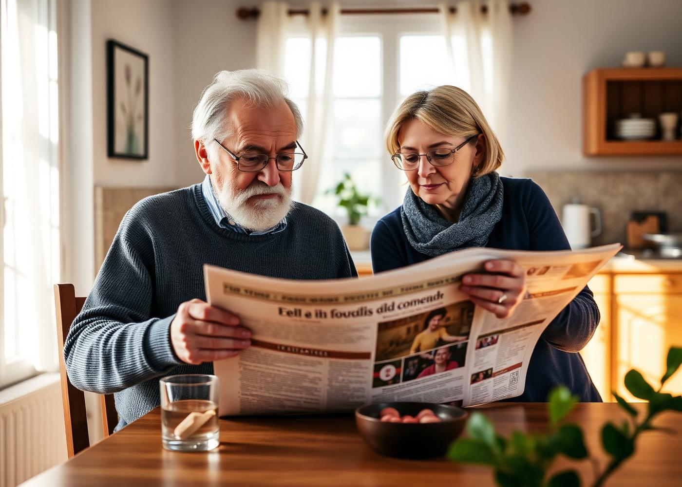 Anziano e caregiver che leggono insieme il giornale al tavolo di cucina