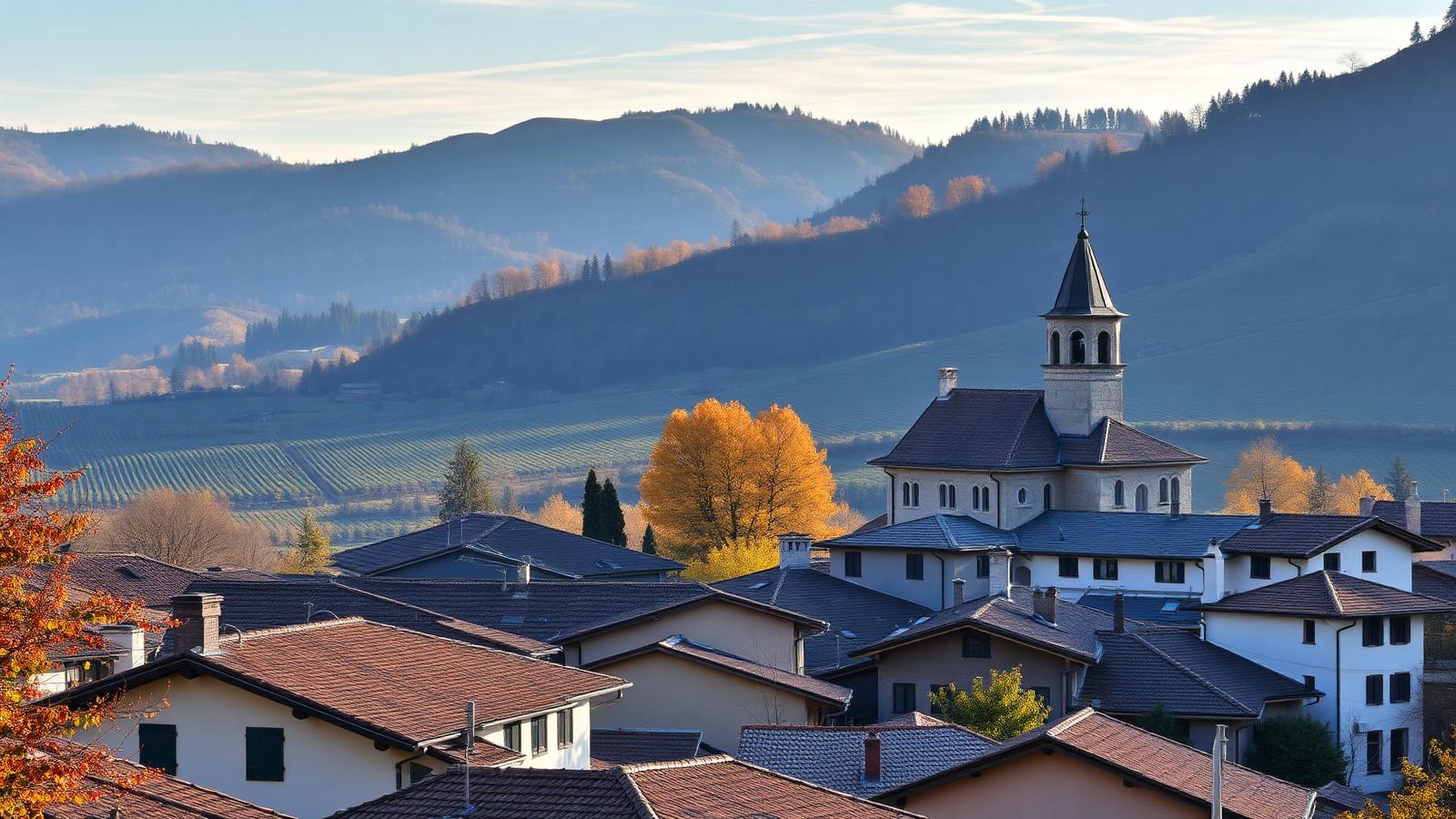Vista di Balerna con chiesa storica e colline del Mendrisiotto sullo sfondo autunnale