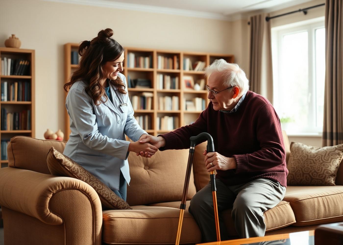 Anziano signore aiutato da una giovane caregiver a sedersi sul divano con bastone da passeggio