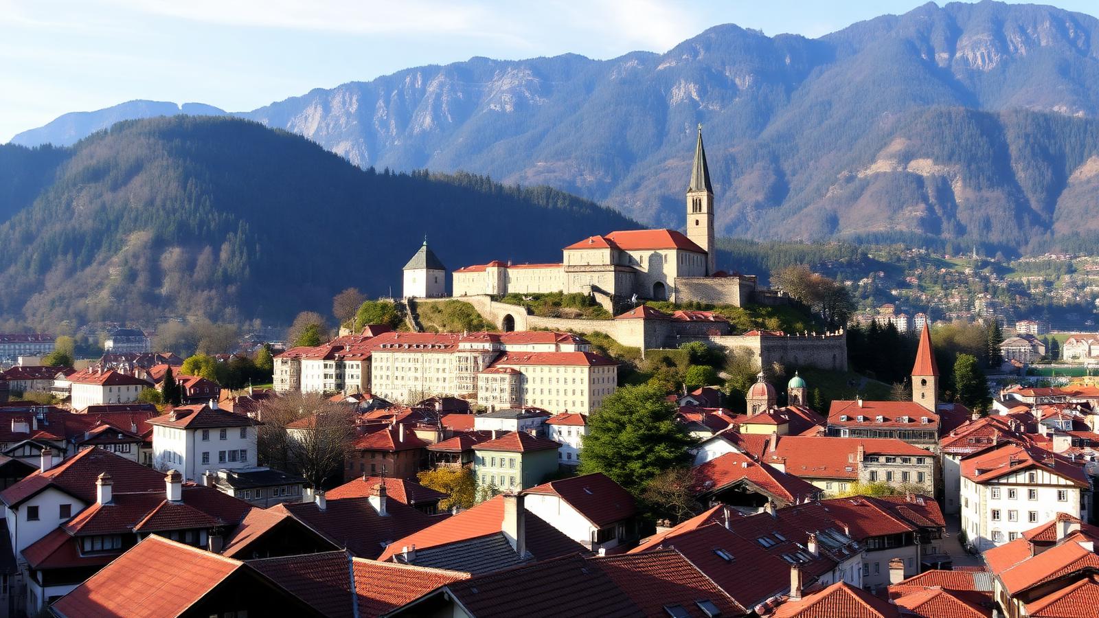 Vista di Bellinzona con Castelgrande UNESCO sulla collina e centro storico sottostante