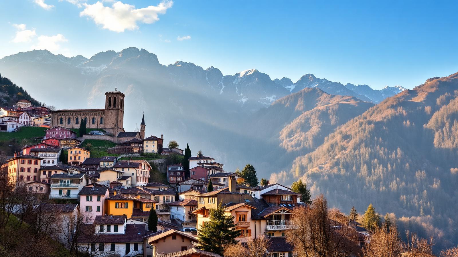 Vista di Biasca nella Riviera Ticino con chiesa romanica di San Pietro e Alpi