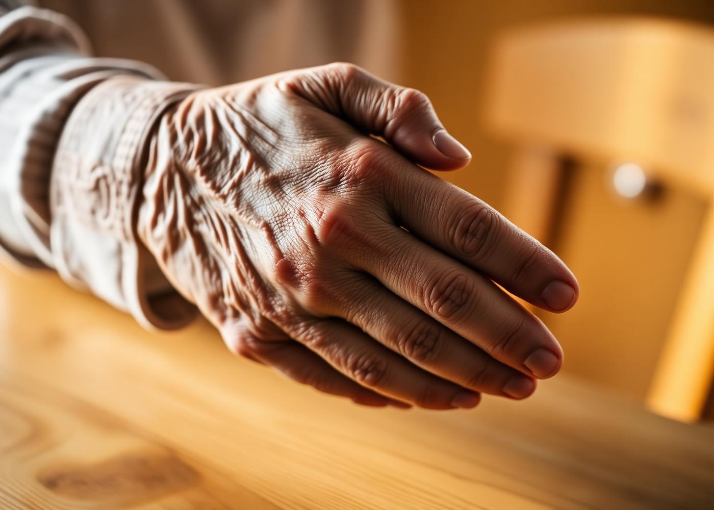 Primo piano di mani: quella giovane della caregiver che tiene delicatamente la mano rugosa di una signora anziana