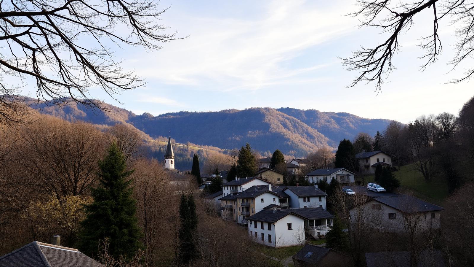 Vista di Bioggio con campanile della chiesa e le colline del Malcantone