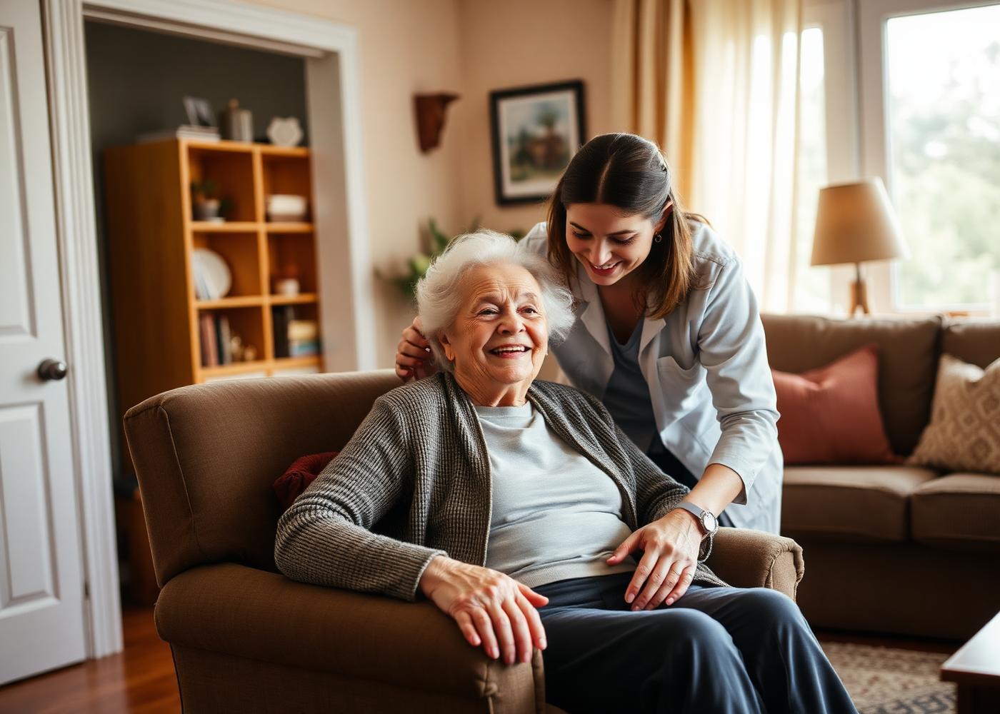 Anziana aiutata da una caregiver a sollevarsi dalla poltrona in un salotto accogliente