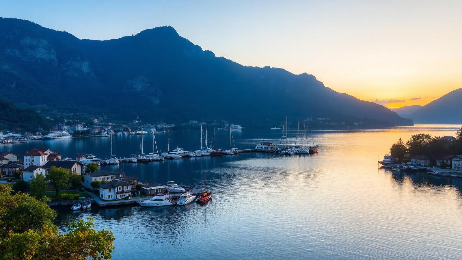 Vista di Caslano sul Lago di Lugano con marina e Monte Caslano al tramonto