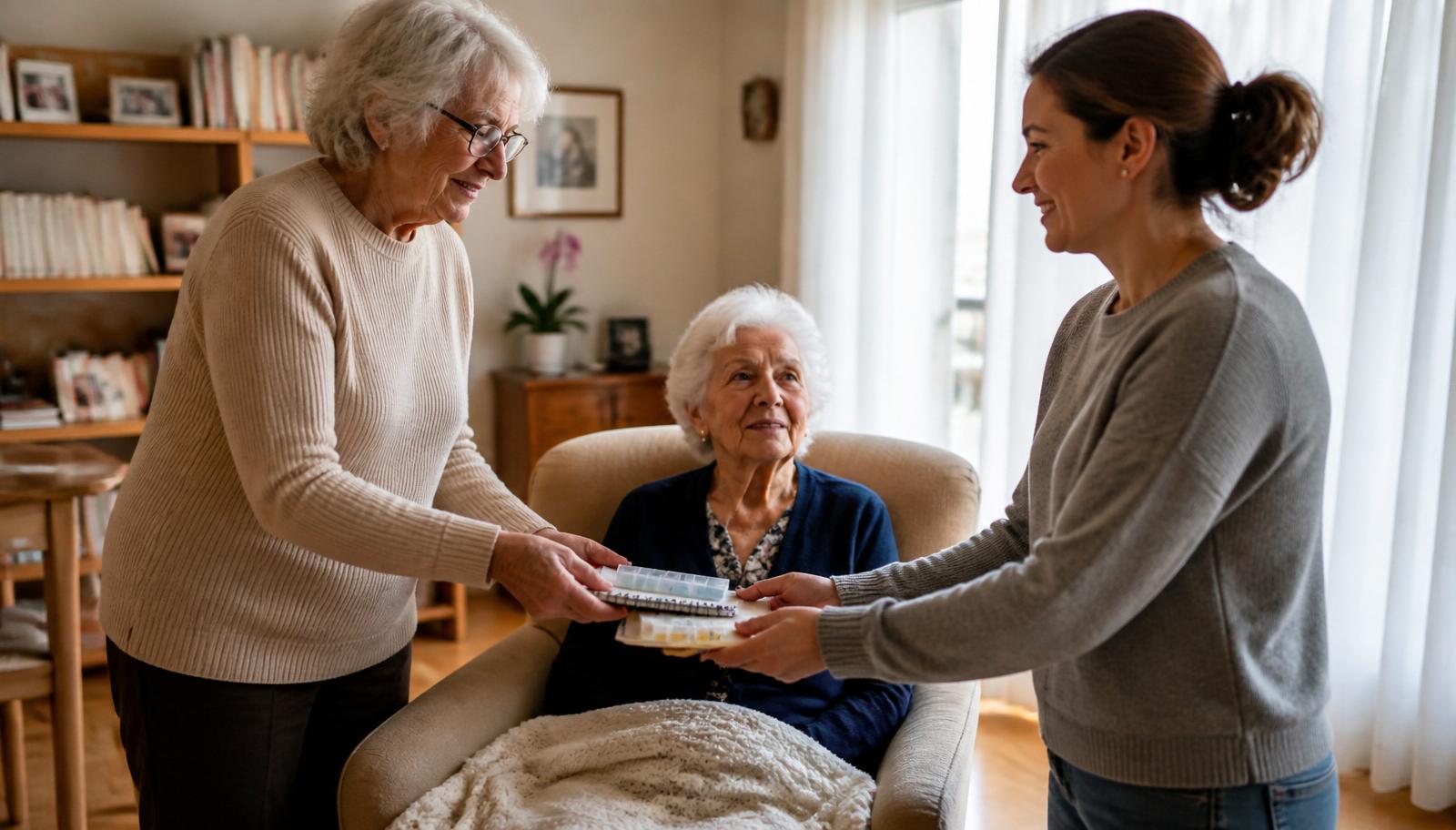 Due caregiver che si passano le consegne a fianco di un anziano seduto in poltrona