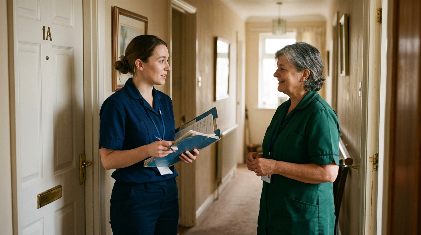 Due caregiver che si passano le consegne a fianco di un anziano seduto in poltrona