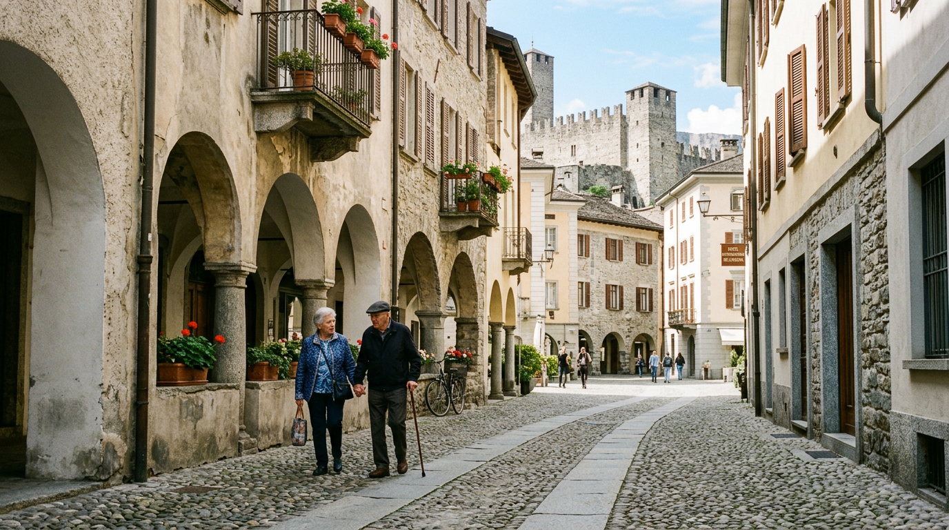 Gruppo di anziani in una piazza di Bellinzona a chiacchierare al sole