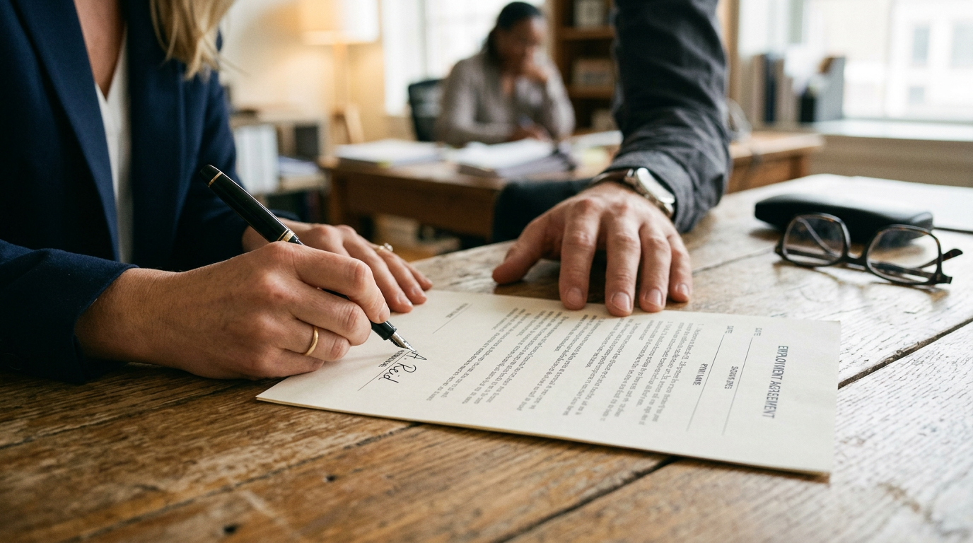 Contratto di lavoro per personale domestico firmato su un tavolo