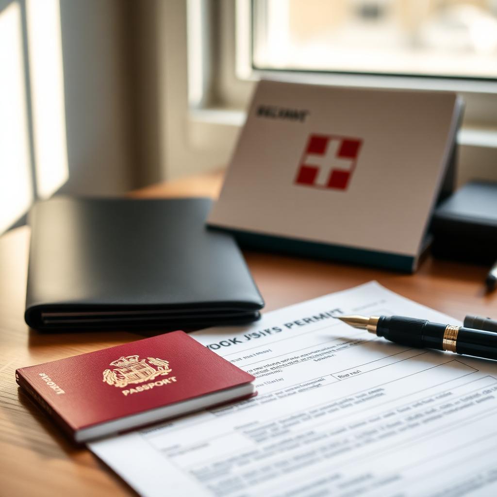 Documenti di permesso di lavoro svizzero su una scrivania con timbri ufficiali
