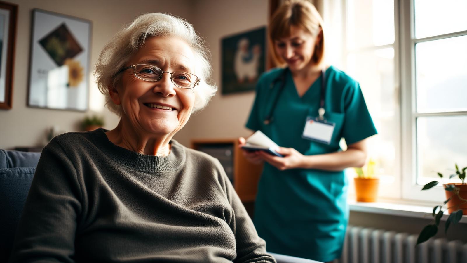 Anziana sorridente con caregiver professionista in una casa in Ticino
