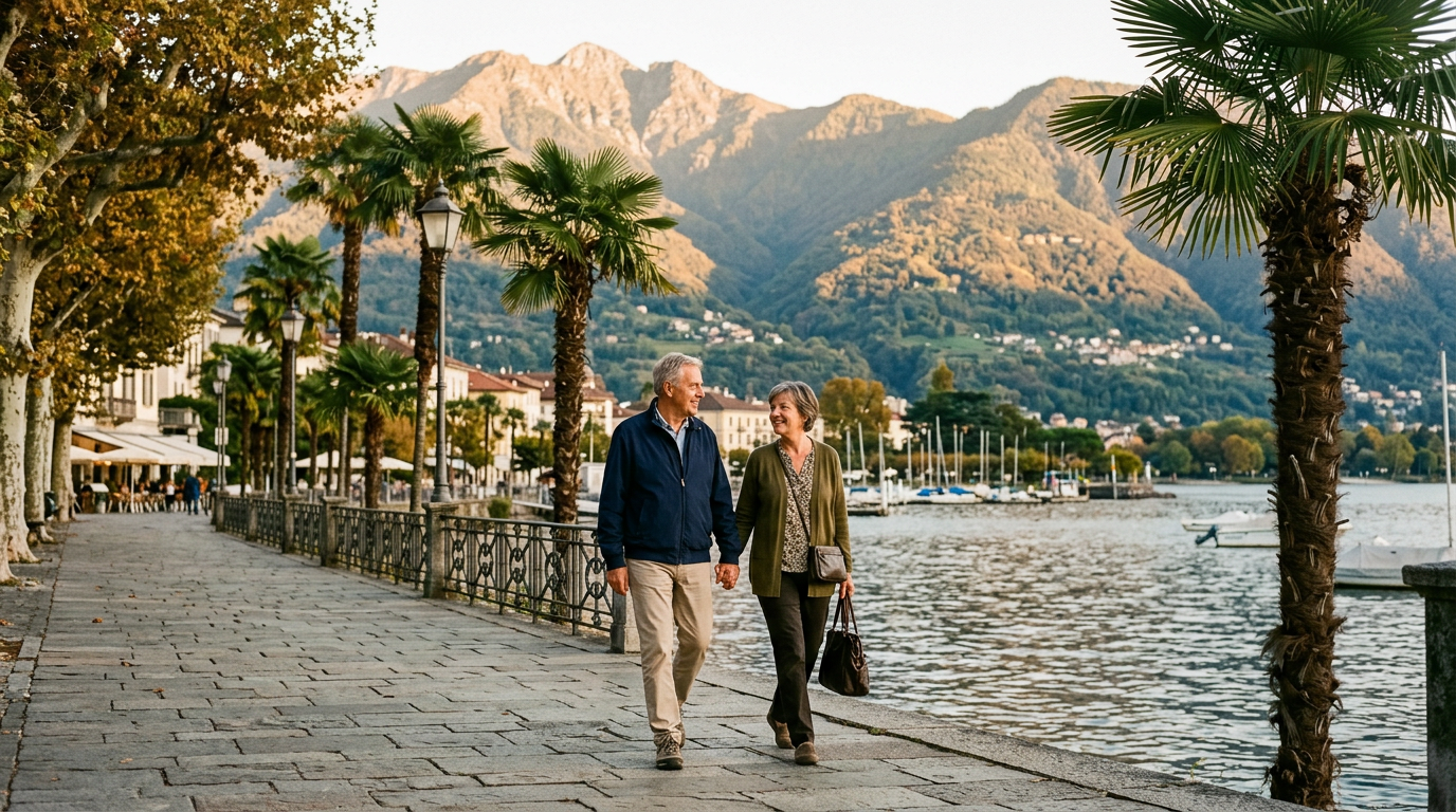 Anziano cammina sul lungolago di Locarno tra le palme