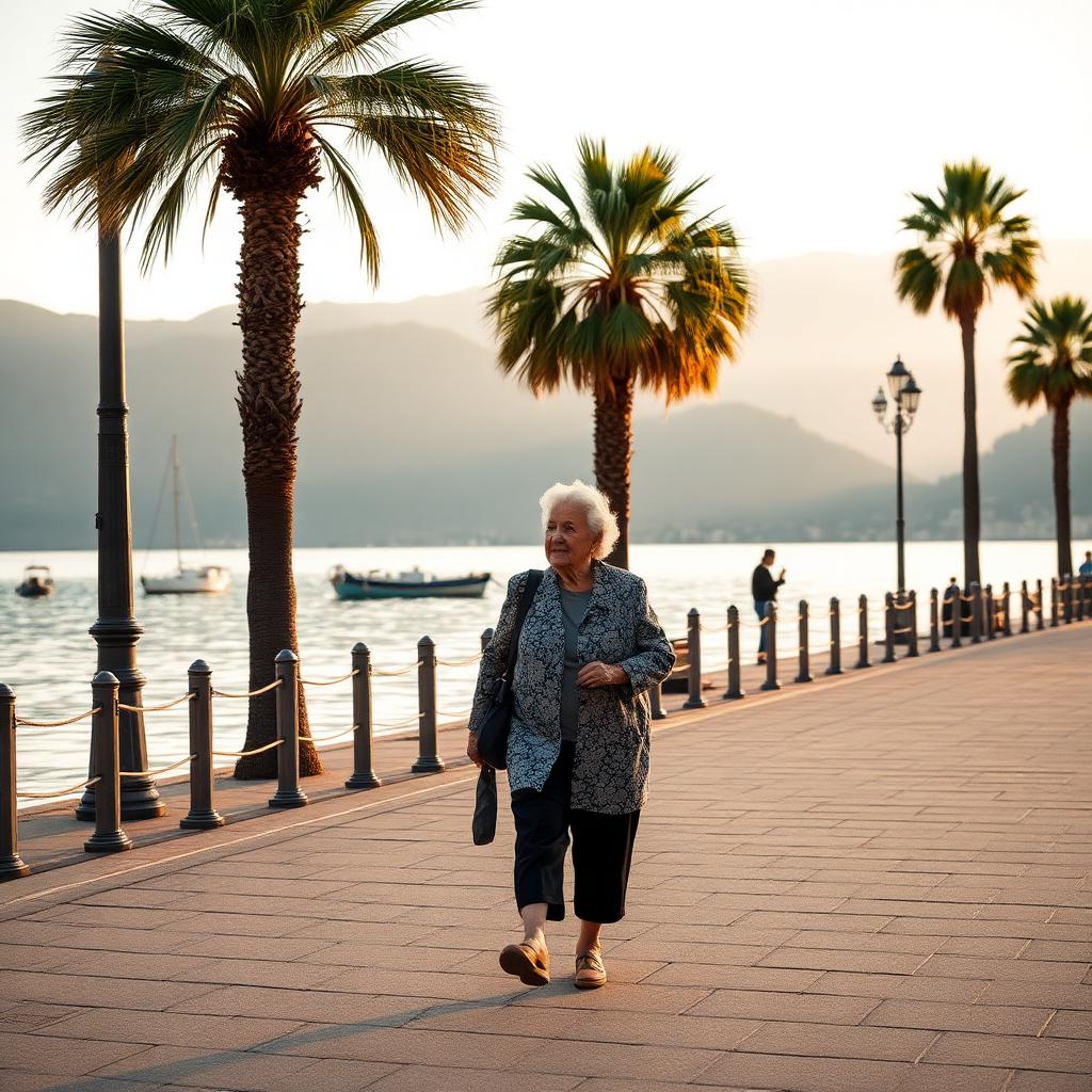 Anziano cammina sul lungolago di Locarno tra le palme