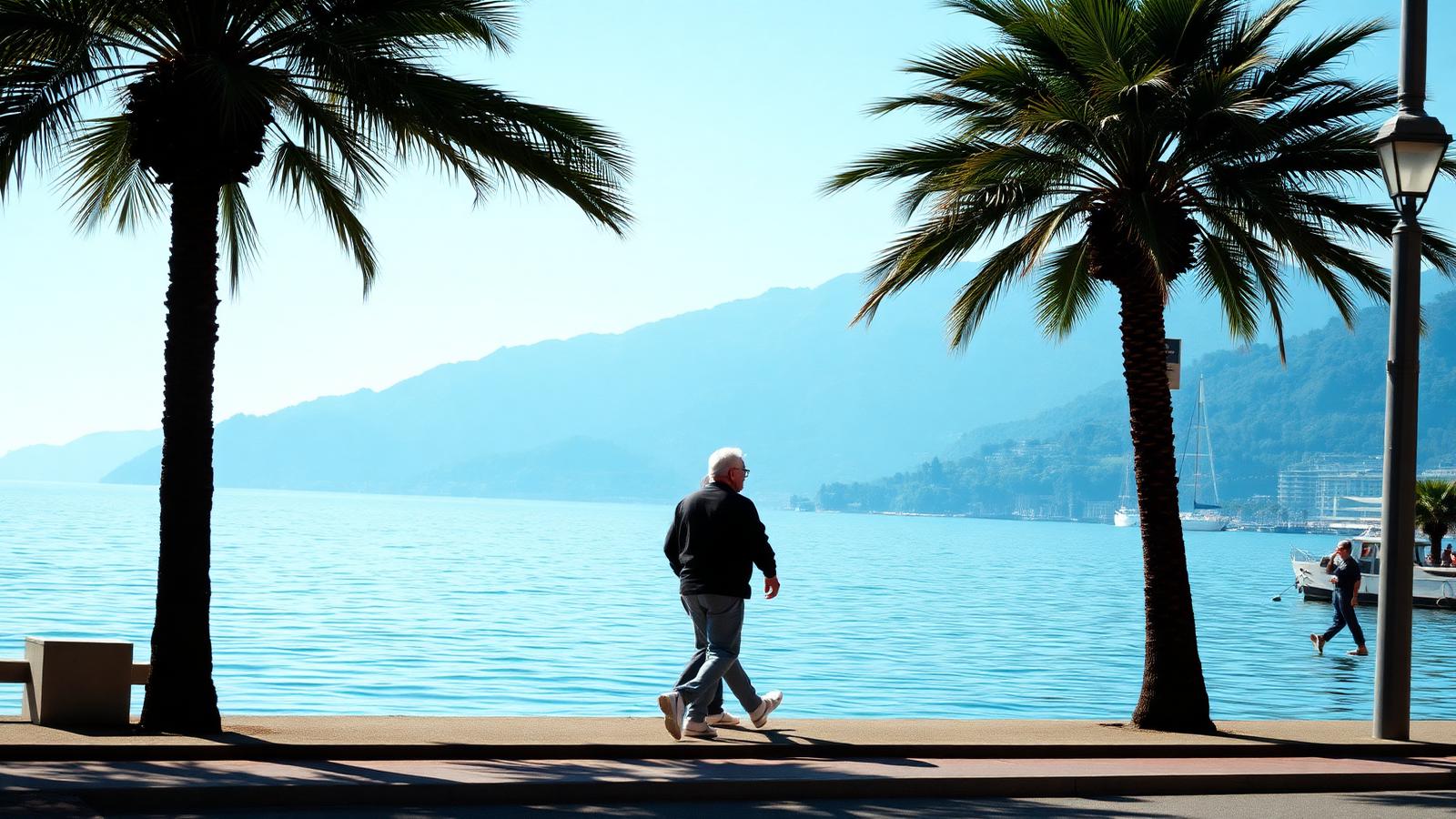 Anziano signore cammina sul lungolago di Lugano tra palme in una giornata di sole