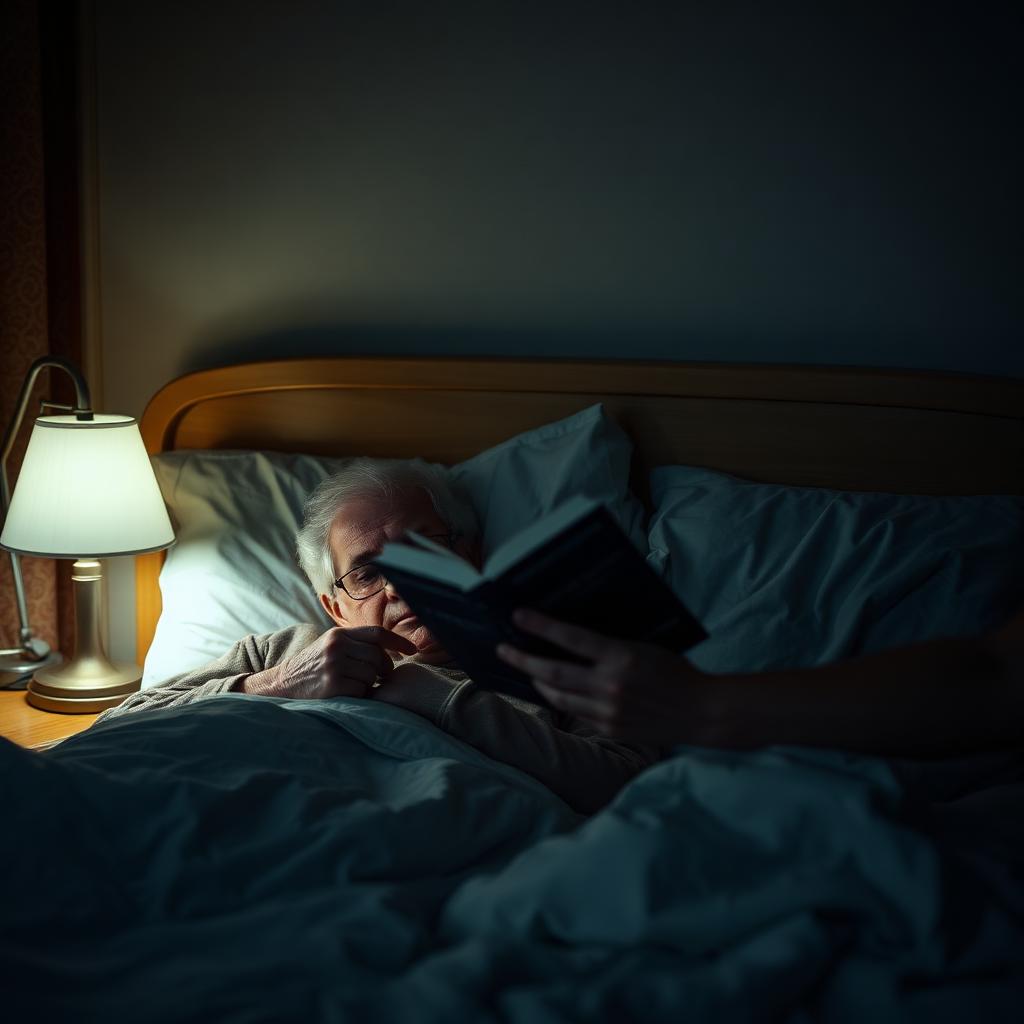Caregiver notturna che veglia con luce soffusa accanto a un anziano che dorme
