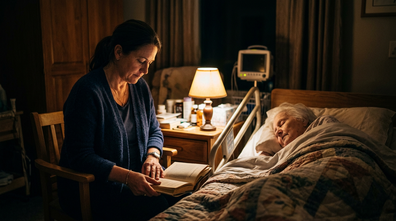 Caregiver notturna che veglia con luce soffusa accanto a un anziano che dorme