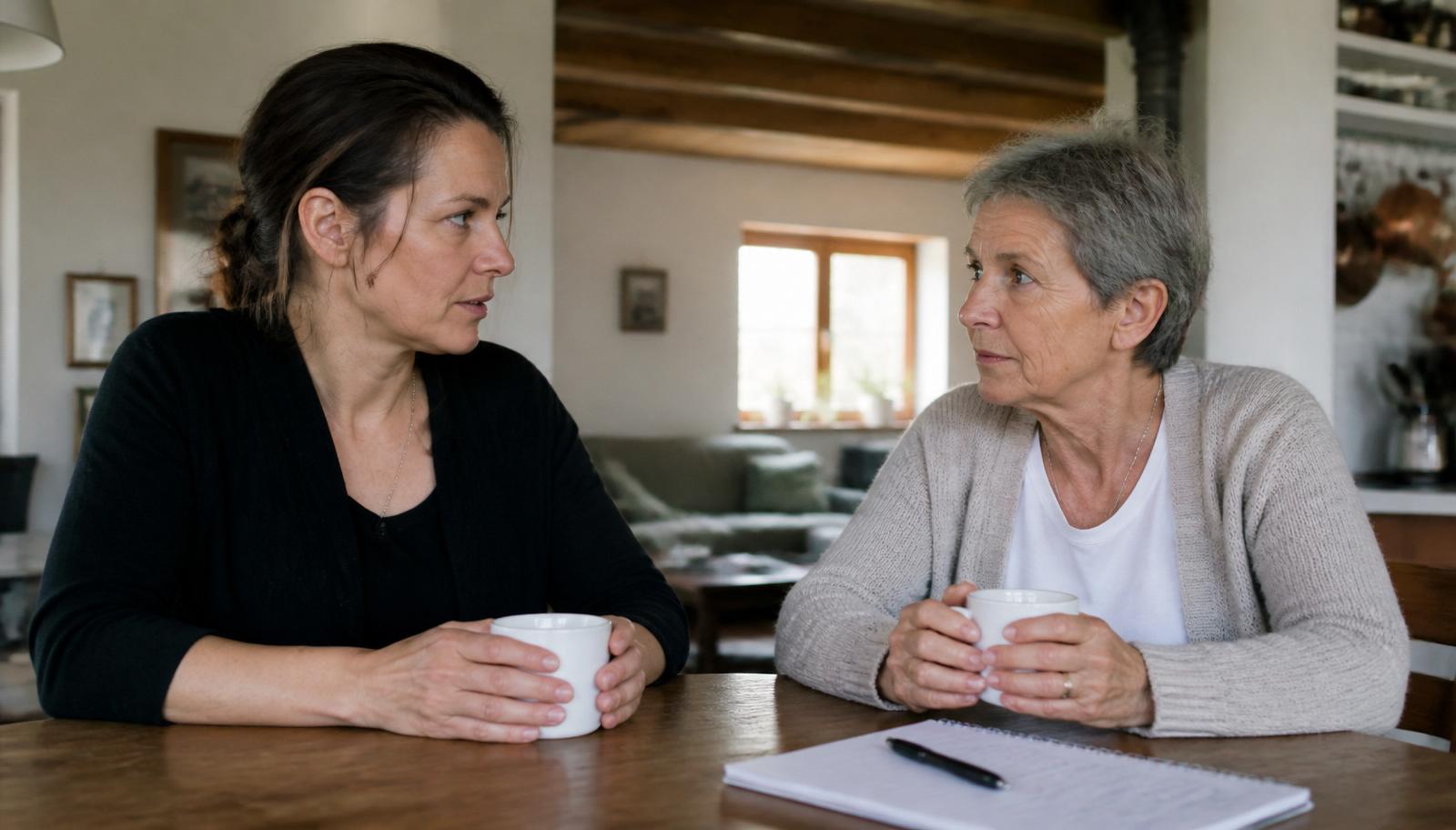 Familiare che intervista una caregiver a un tavolo di cucina in una casa ticinese