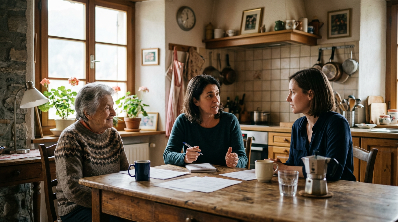 Familiare che intervista una caregiver a un tavolo di cucina in una casa ticinese