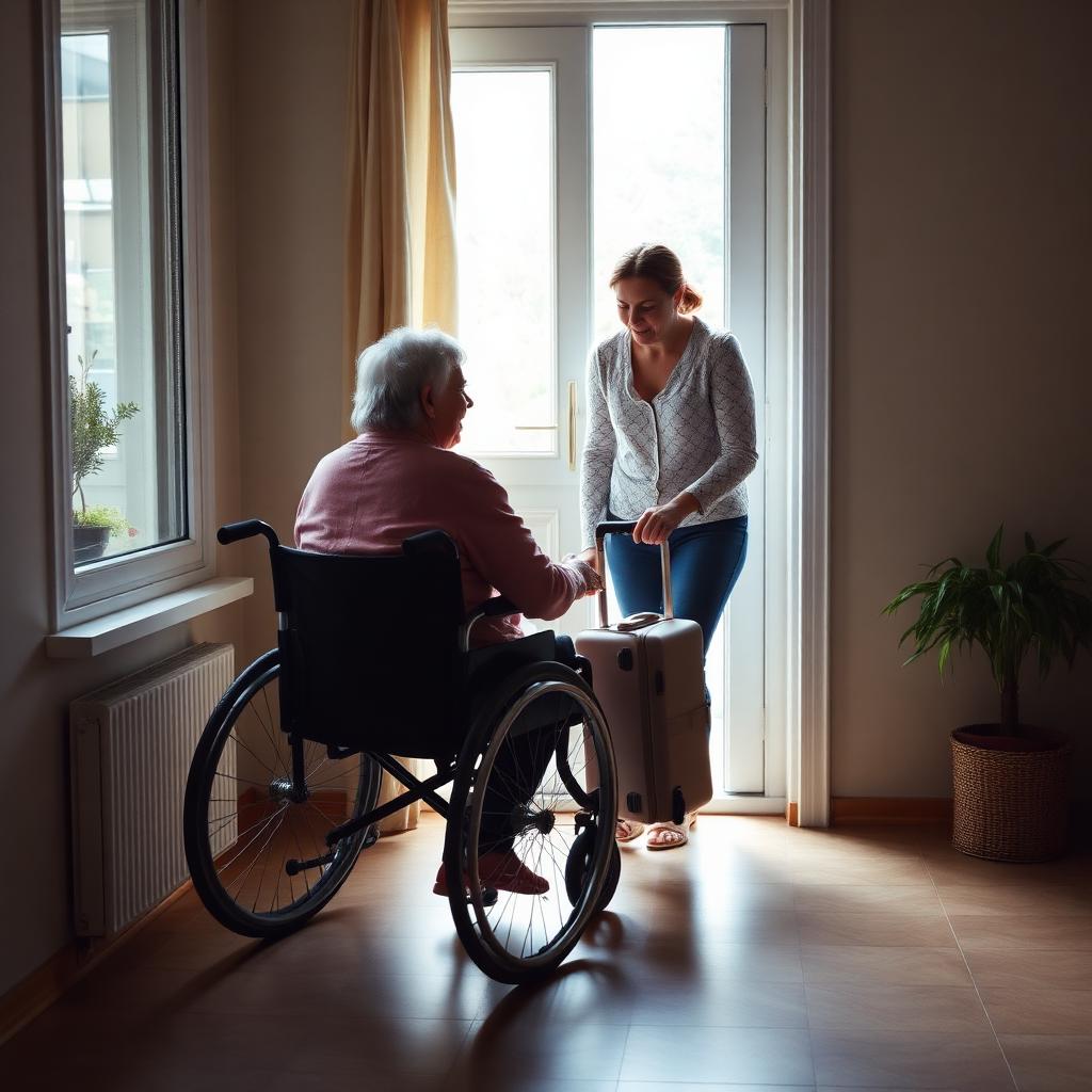 Anziana che rientra a casa dopo un ricovero, accompagnata da un caregiver
