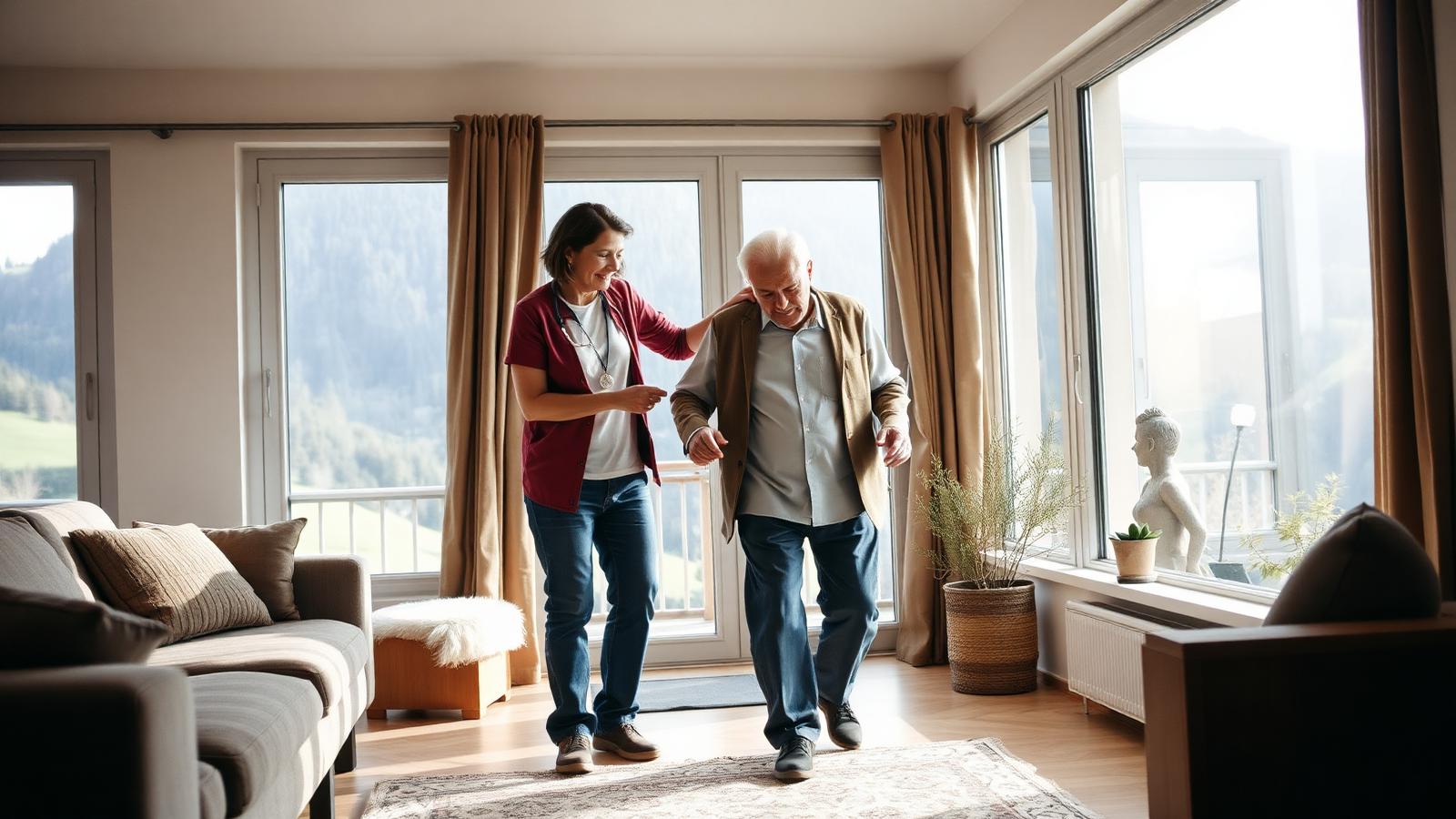 Caregiver che aiuta un anziano signore a camminare in casa con vista sulle colline del Ticino
