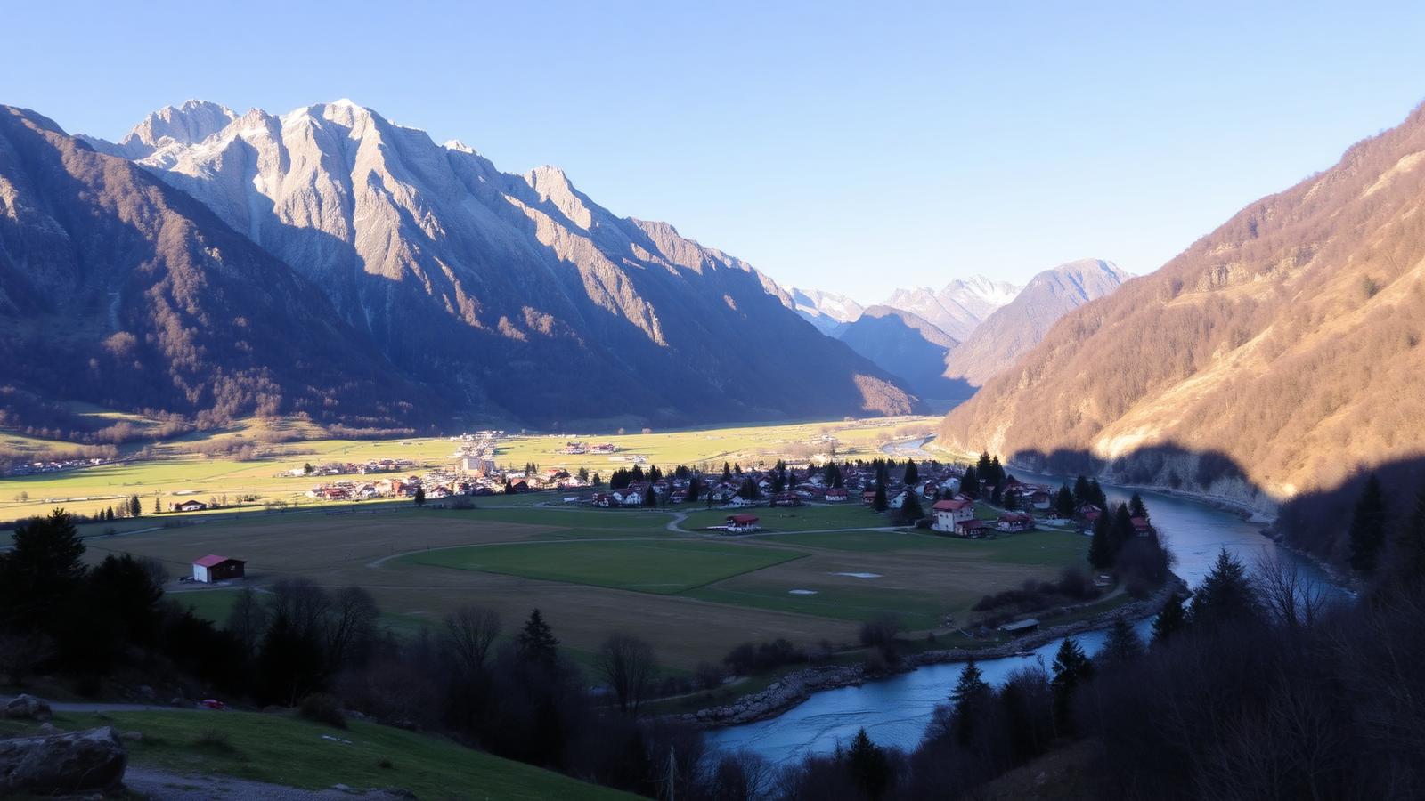 Vista di Gordola nel Piano di Magadino con montagne innevate sullo sfondo
