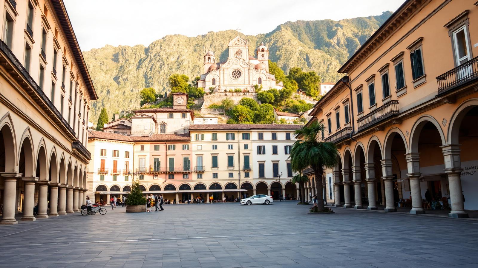 Piazza Grande di Locarno con edifici storici color pastello e Madonna del Sasso sullo sfondo