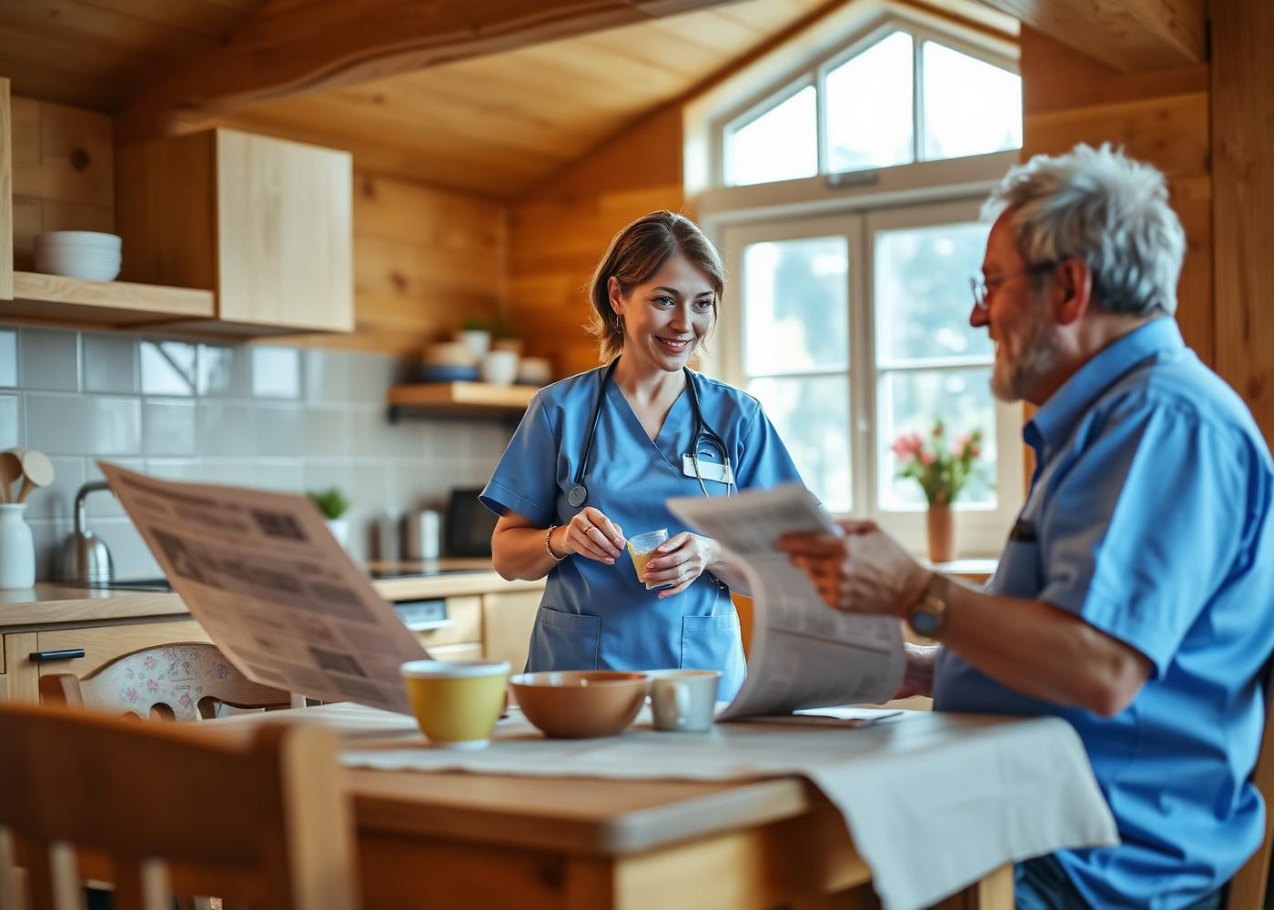 Infermiera in uniforme blu che prepara la terapia mattutina in una cucina luminosa mentre un anziano legge il giornale