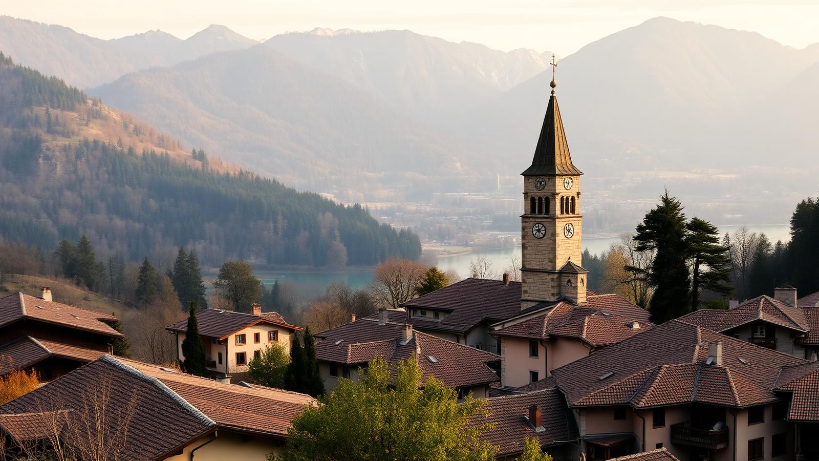 Panorama di Losone con campanile della chiesa e Valle Maggia sullo sfondo