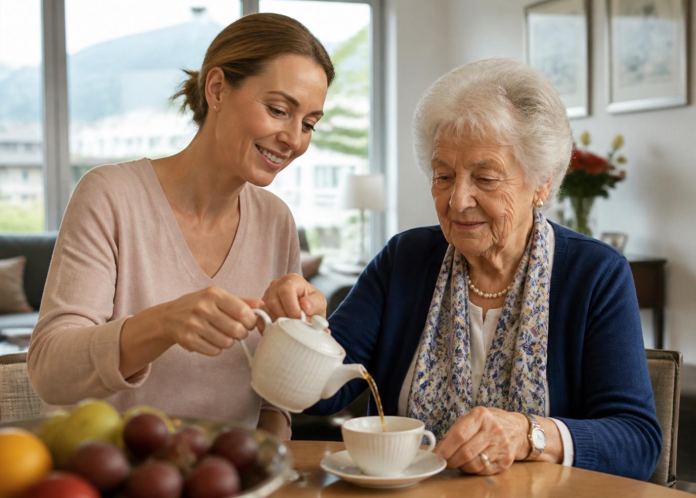 Professional caregiver serving tea to an elderly lady in the bright living room of her Lugano home