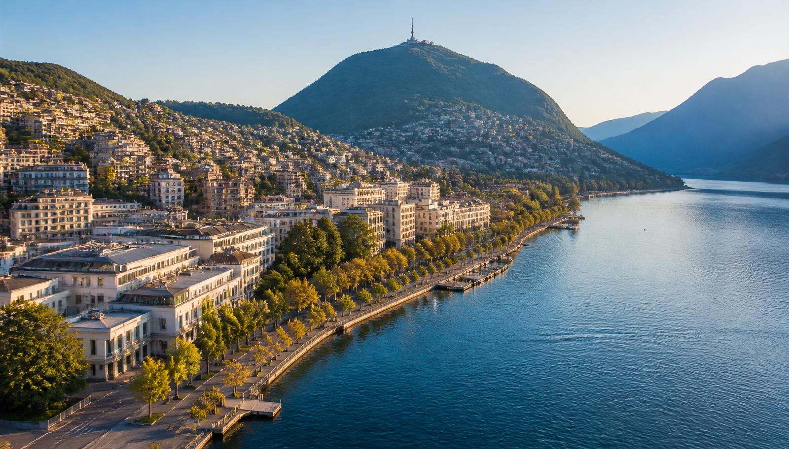 Panoramic view of the Lugano lakefront at sunset, with Monte San Salvatore in the background