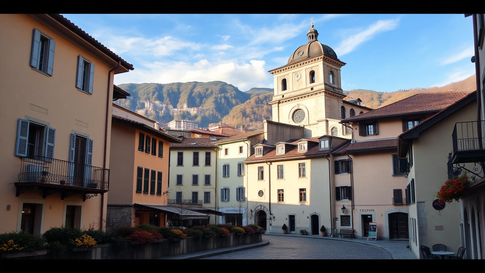 Centro storico di Mendrisio con chiesa dei Santi Cosma e Damiano e edifici in stile italiano
