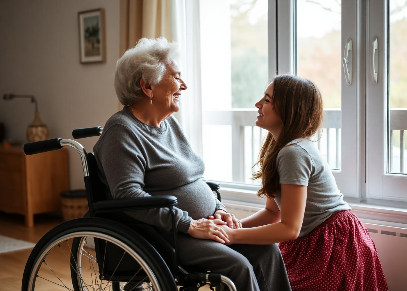 Nonna in carrozzina che ride con la nipote adulta accanto in un appartamento luminoso