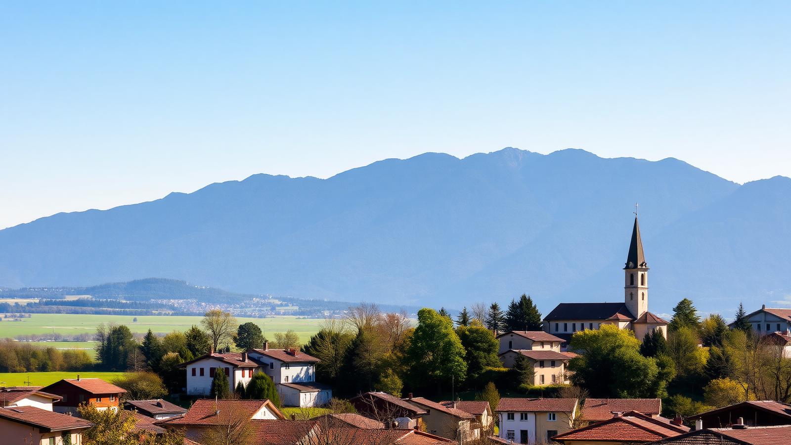 Vista di Morbio Inferiore con edifici residenziali e Monte Generoso sullo sfondo