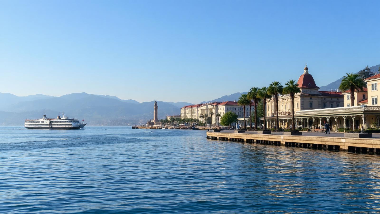 Lungolago di Muralto con stazione, palme e battello sul Lago Maggiore