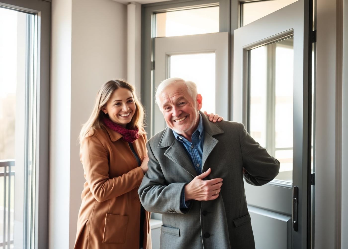 Caregiver che aiuta un anziano ad indossare il cappotto sulla porta di un moderno appartamento a Paradiso