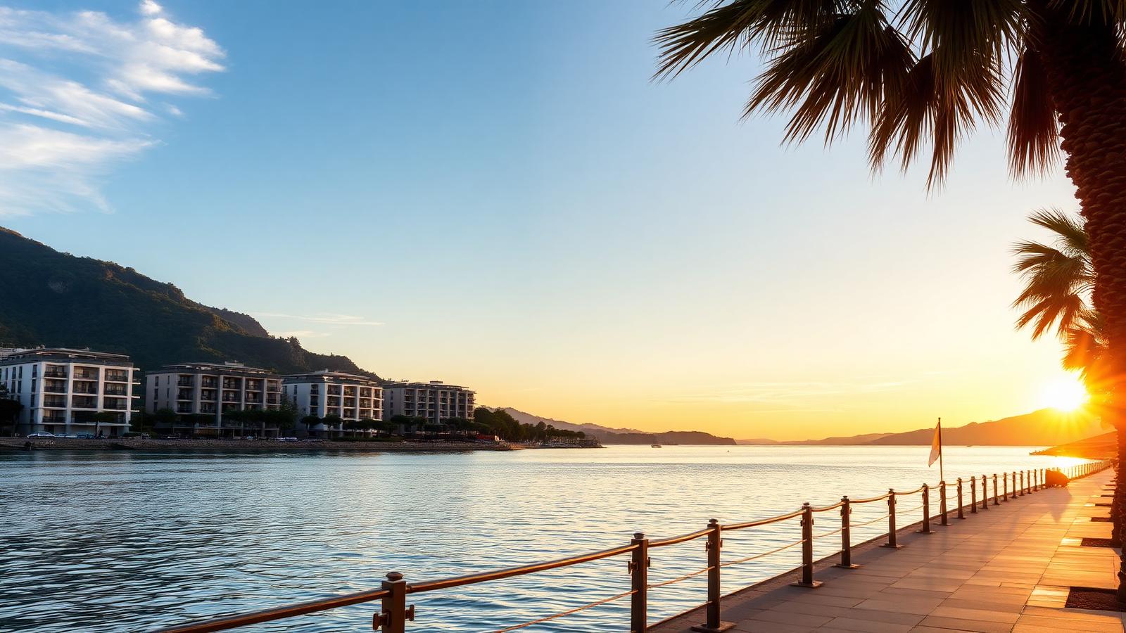 Lungolago di Paradiso al tramonto con palme e Monte San Salvatore sullo sfondo