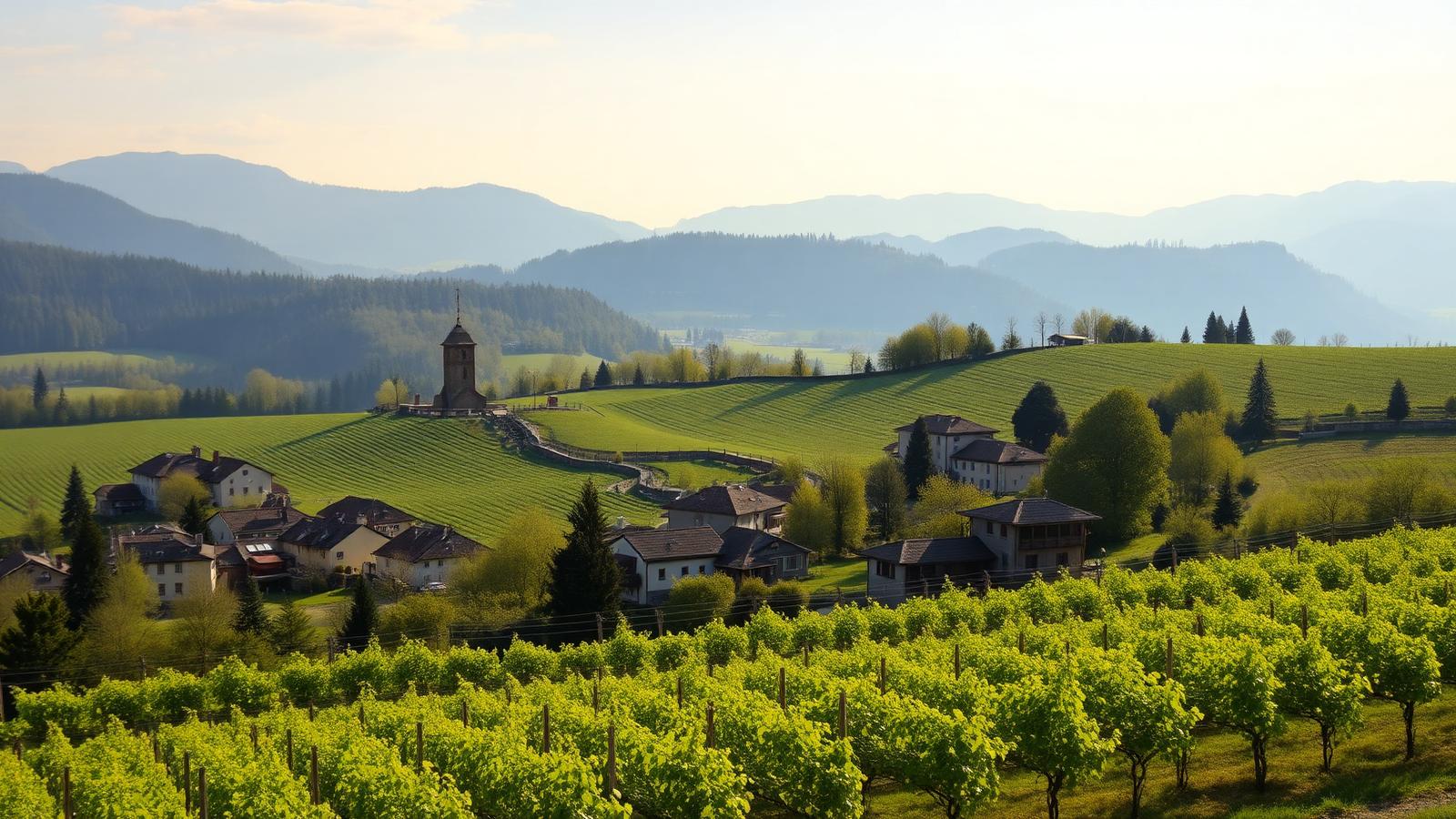 Panorama di Stabio con vigneti e colline del Mendrisiotto in primavera