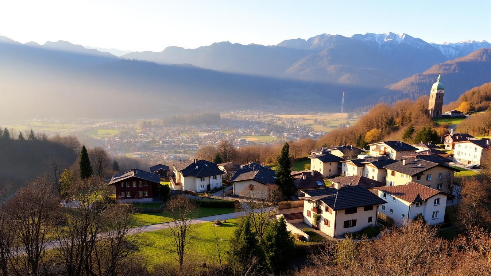Vista di Vacallo sulle colline sopra Chiasso con panorama verso la valle e Monte Generoso
